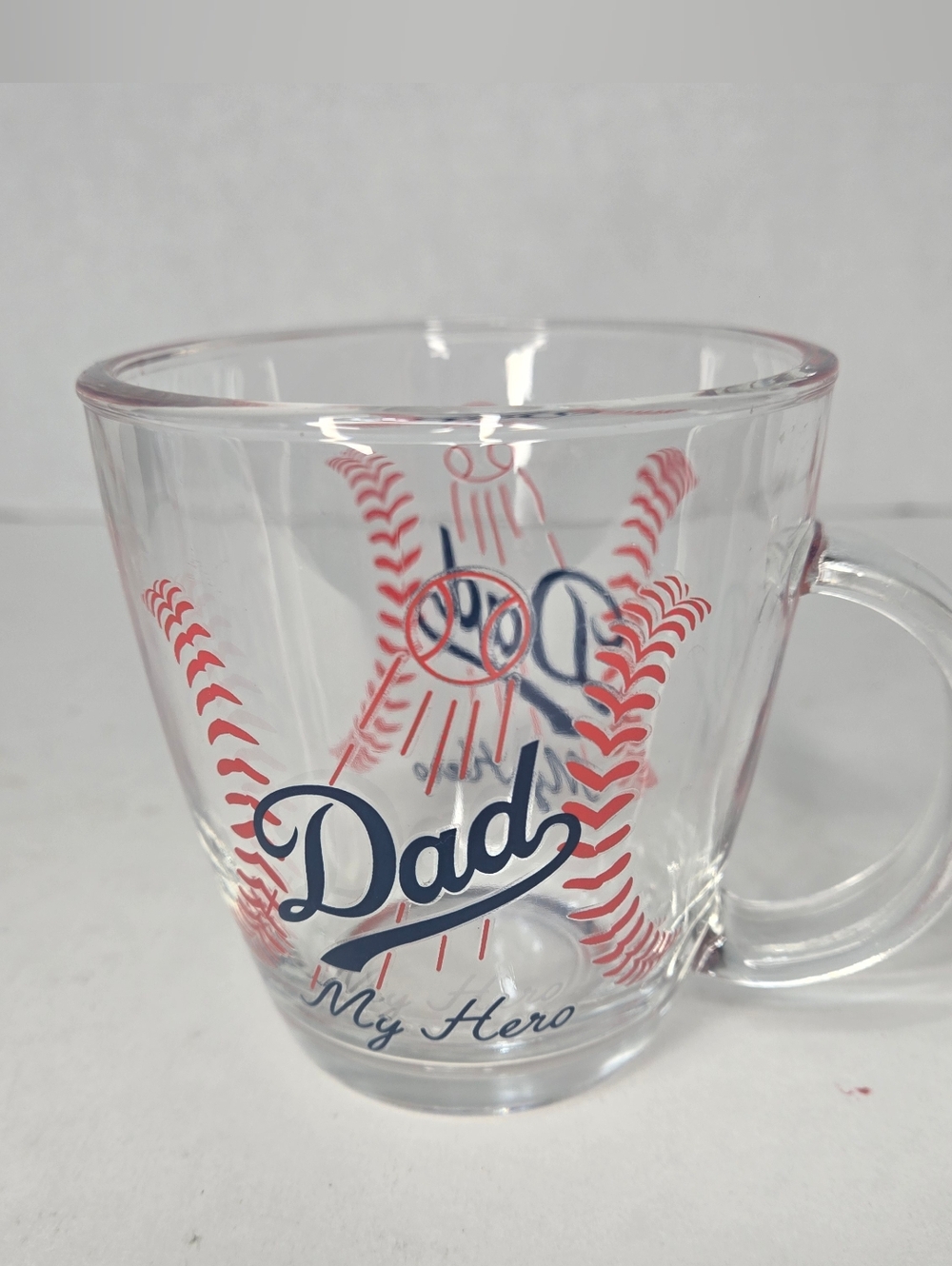 Vintage Clear Glass Baseball Coffee Mug Dad My Hero Red Blue Graphics Sport Gift